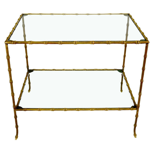 EstablishedLines Solid Bronze Two Tier Faux Bamboo Glass Top Rectangle Side End Table Nice Patina