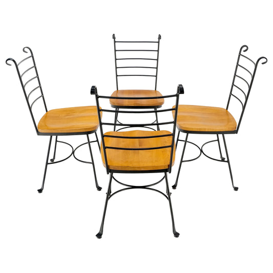 American Mid-Century Modern Wrought Iron & Solid Birch Seats Dining Chairs Mint