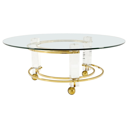 EstablishedLines Polished Brass & Lucite Base Round Midcentury Coffee Table on Wheels Mint!