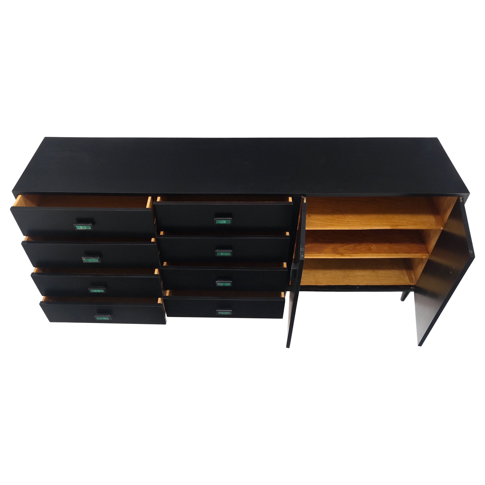 EstablishedLines Large Oversize Long Ebonized Black Lacquer Credenza Dresser Dowel Cone Legs Mint
