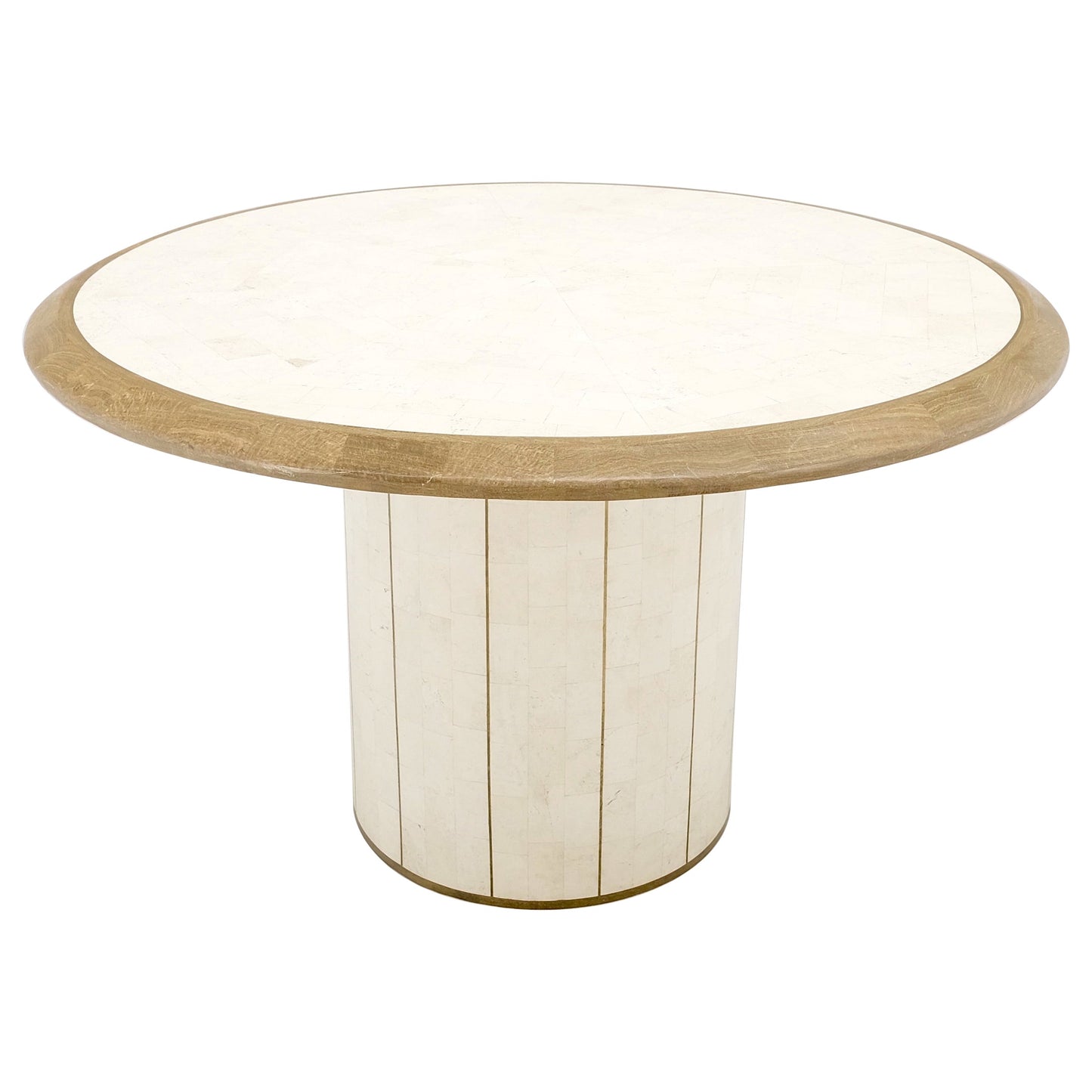 EstablishedLines Round Travertine Tile Brass Inlay Cylinder Base Dining Conference Table Mint!