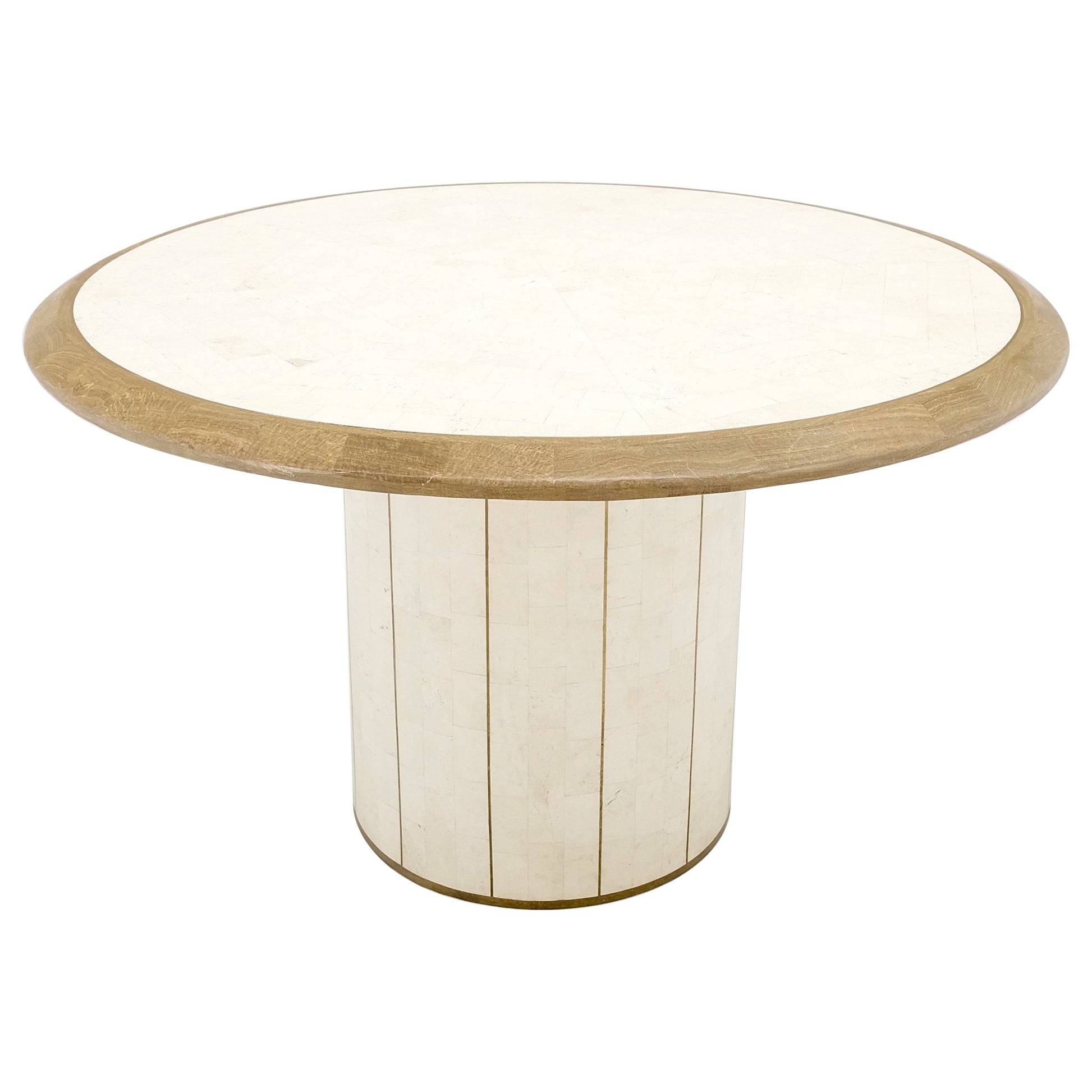 EstablishedLines Round Travertine Tile Brass Inlay Cylinder Base Dining Conference Table Mint!