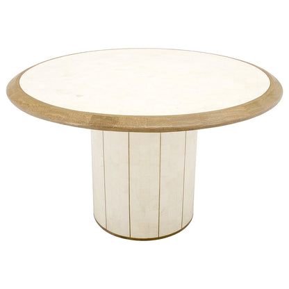 EstablishedLines Round Travertine Tile Brass Inlay Cylinder Base Dining Conference Table Mint!