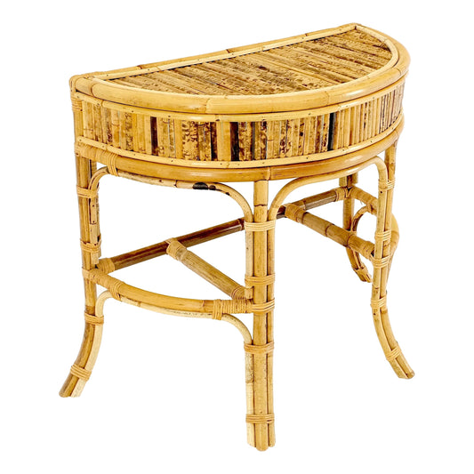 Vintage 1970s Bamboo Rattan Demilune Mid-Century Modern Console Sofa Table Mint