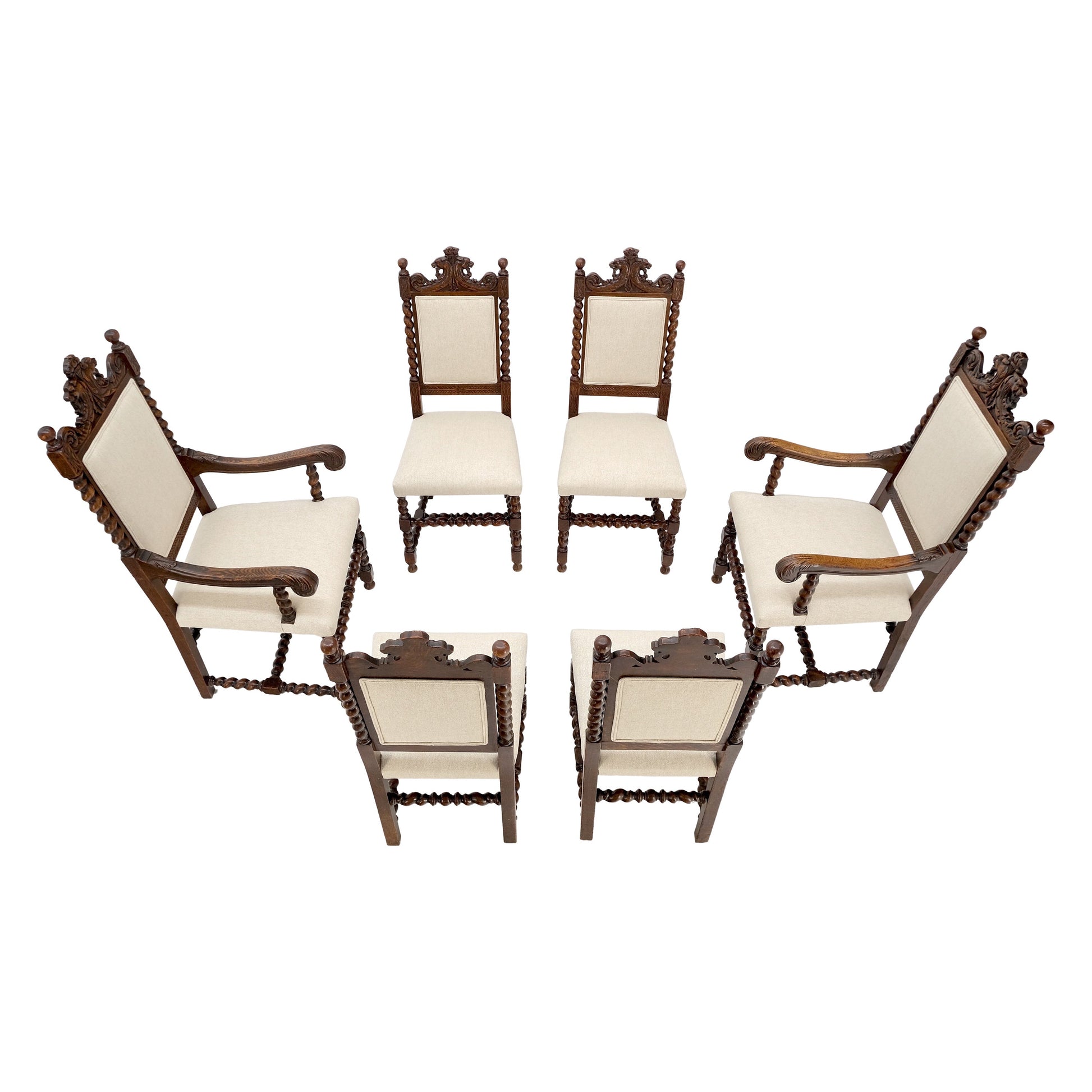 EstablishedLines 6 Fine Carved Oak Lion Heads Twisted Legs New Upholstery Jacobean Dining Chairs