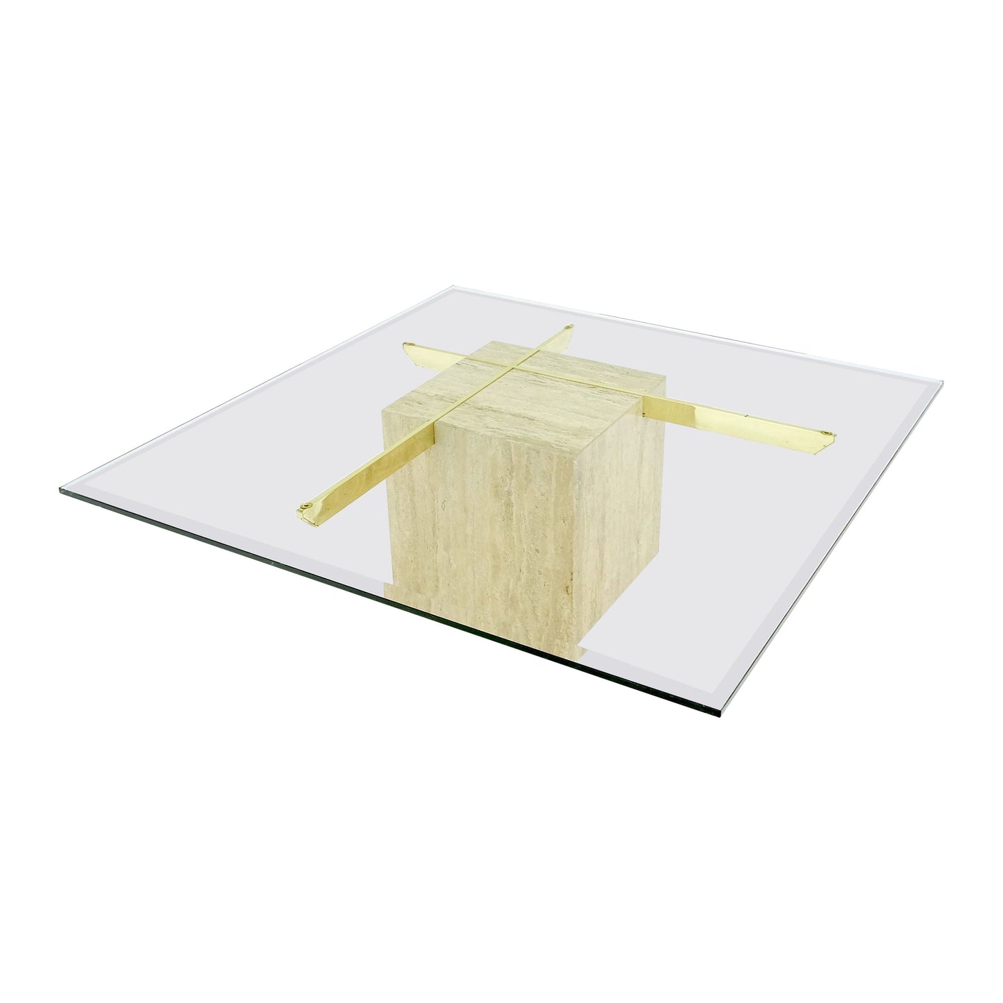 EstablishedLines Brass Travertine Base Glass Top Square Mid-Century Modern Coffee Center Table