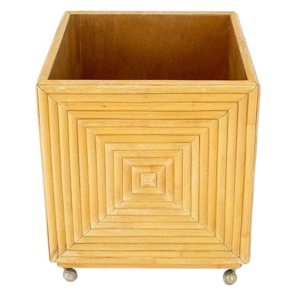 EstablishedLines Mid-Century Modern Reed Bamboo Rattan Square Cube Shape Planter Stand on Wheels