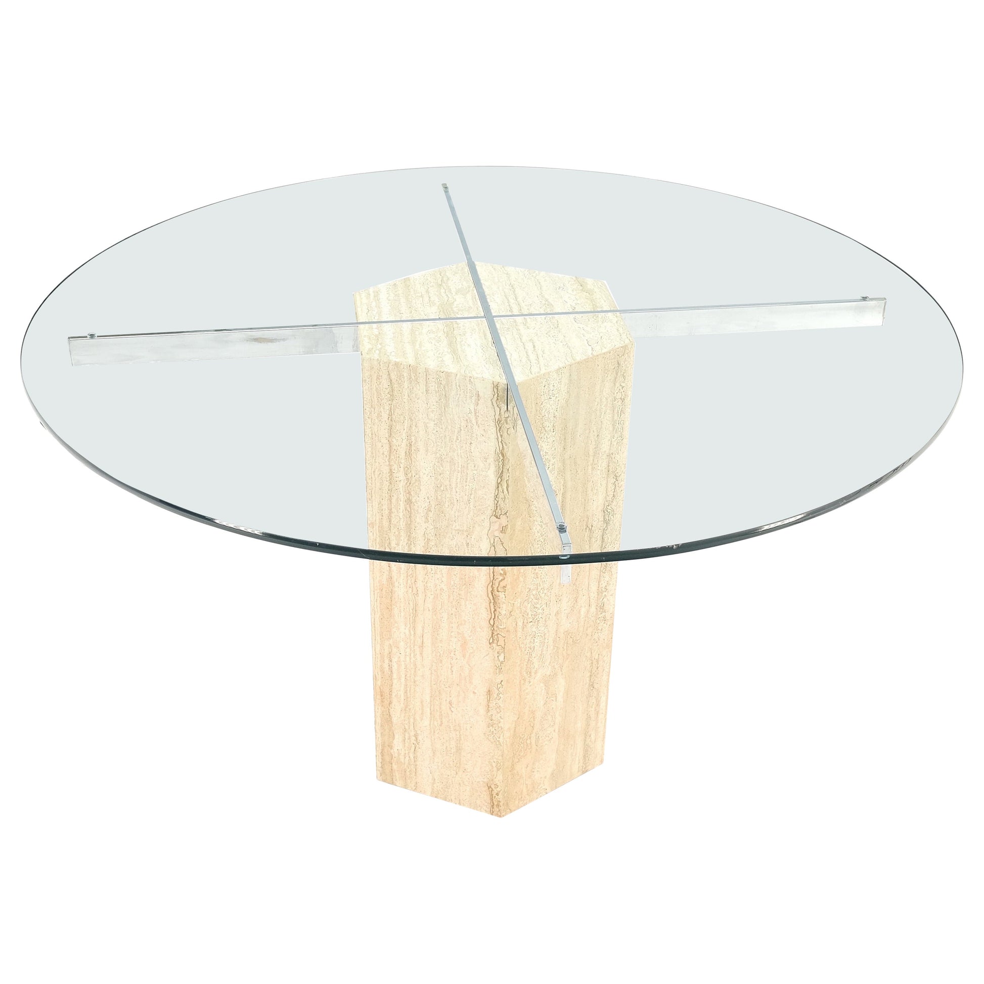 EstablishedLines Hexagon Italian Travertine Base Glass Rond Top Mid-Century Modern Dining Table