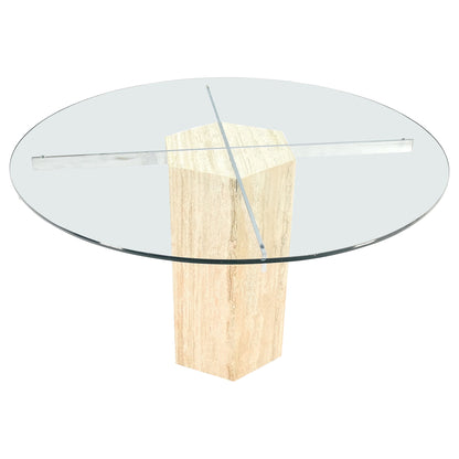 EstablishedLines Hexagon Italian Travertine Base Glass Rond Top Mid-Century Modern Dining Table
