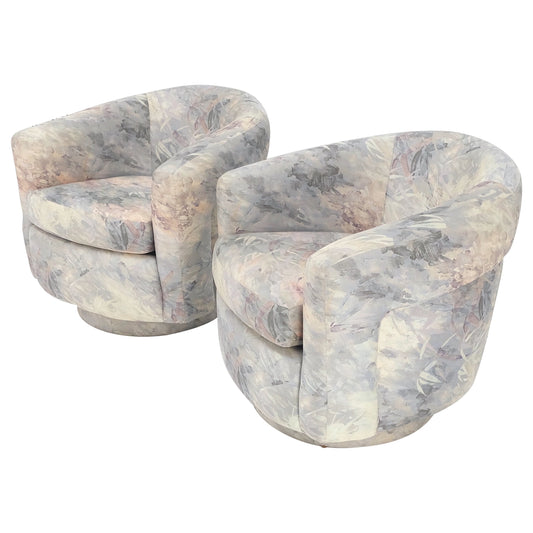EstablishedLines Pair Mid-Century Modern Milo Baughman Thayer Cogging Swivel Barrel Lounge Chairs