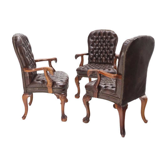 EstablishedLines Brown Leather Chesterfield Backs & Seat Carved Walnut Armchairs Fireside Chairs