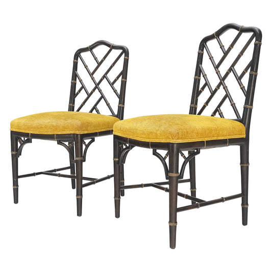 EstablishedLines Pair Mid-Century Modern Decorative Ebonized Walnut Faux Bamboo Side Chairs Mint