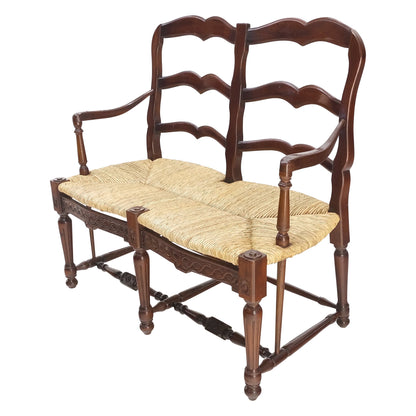 Carved Mahogany Ladder Back Country Rush Seat Loveseat Bench MINT!