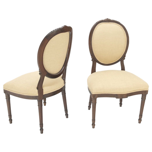 EstablishedLines Pair of Finely Carved Walnut Cameo Back Louis XVi Side Fire Chairs New Upholster