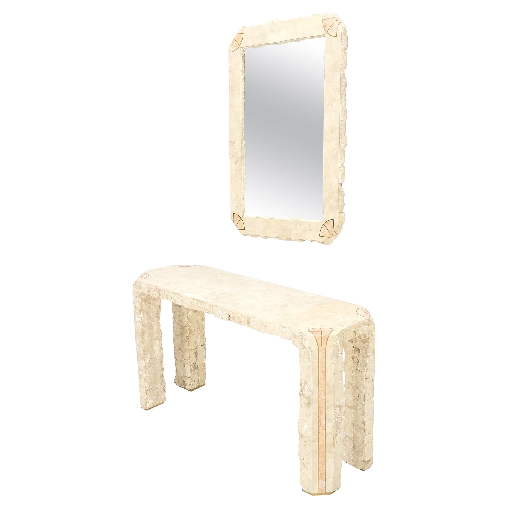 EstablishedLines Tesselated Stone Marble Brass Inlaid Console Sofa Entry Hall  Table w/ Mirror