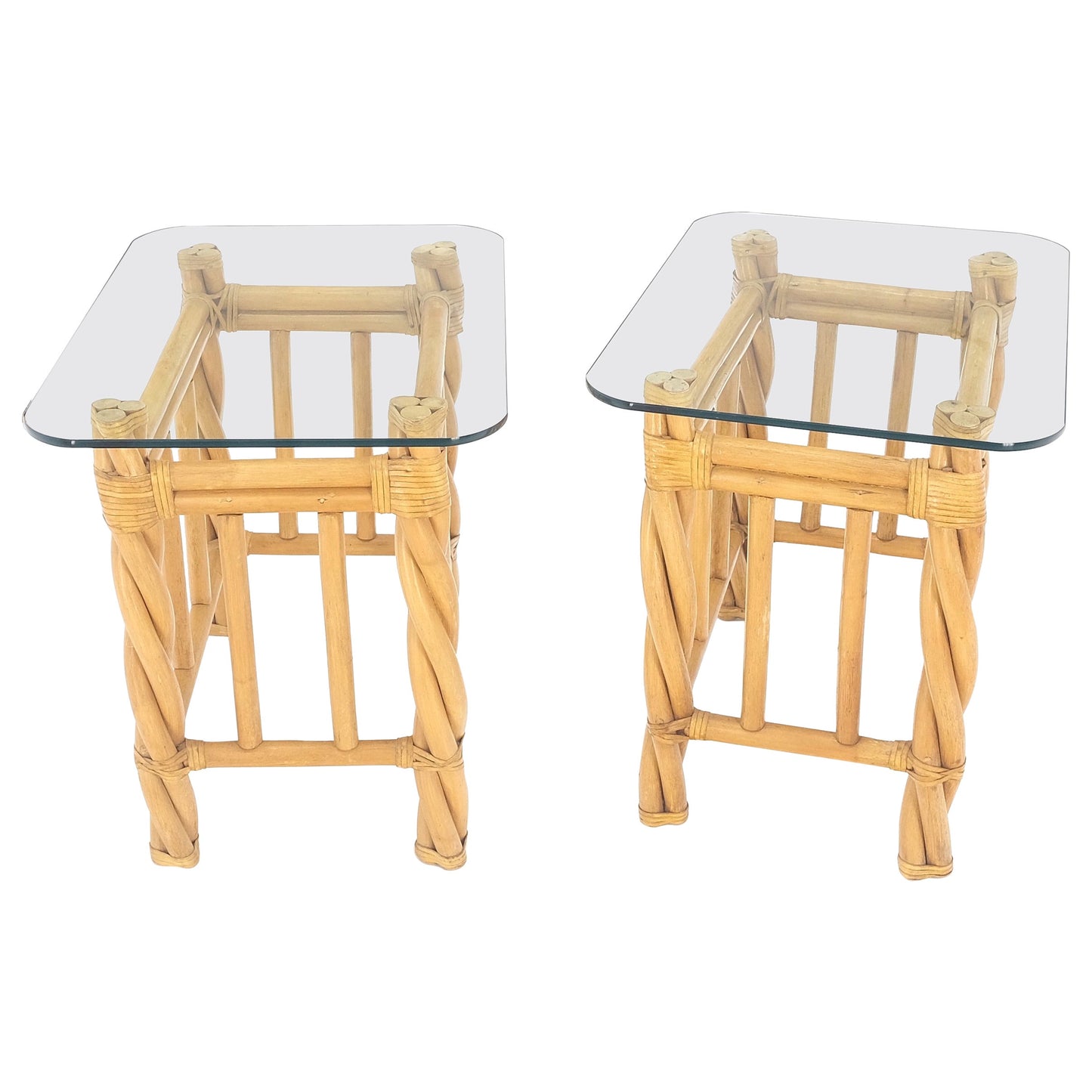 EstablishedLines Pair Decorative Twisted Rattan Rectangle End Side Tables Stand Rounded Glass Top