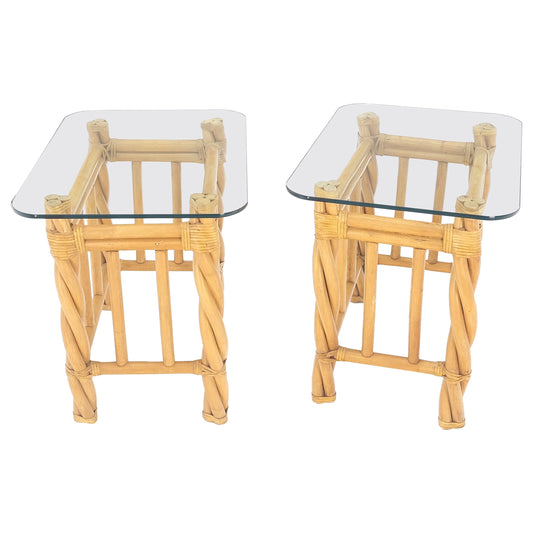 EstablishedLines Pair Decorative Twisted Rattan Rectangle End Side Tables Stand Rounded Glass Top