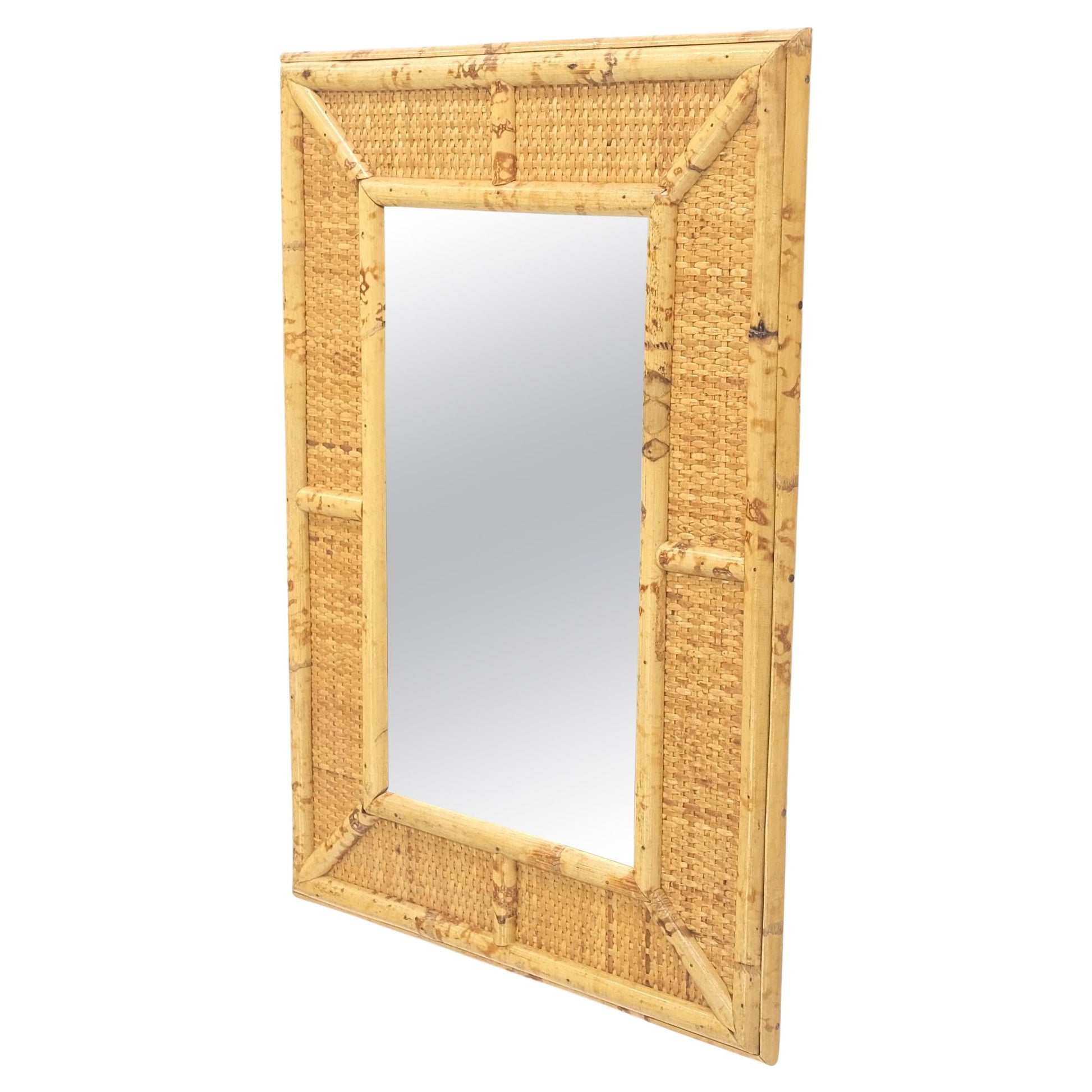 EstablishedLines Compact Rectangle Bamboo Frame Decorative Mid Century Modern c1970s Wall Mirror