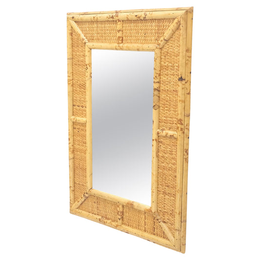 EstablishedLines Compact Rectangle Bamboo Frame Decorative Mid Century Modern c1970s Wall Mirror