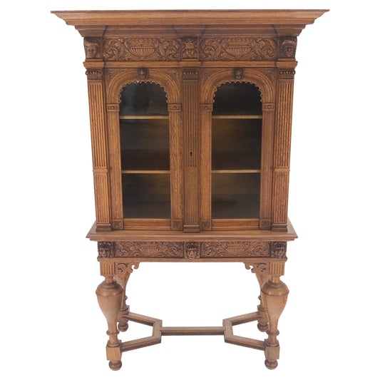 Heavily Carved Oak Faces Urns Motive Two Door China Cabinet c1880s MINT!