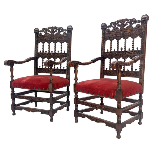 Fine Carved North Winds Faces Heavy Oak Arm Chairs Twisted Spindles c1900s MINT
