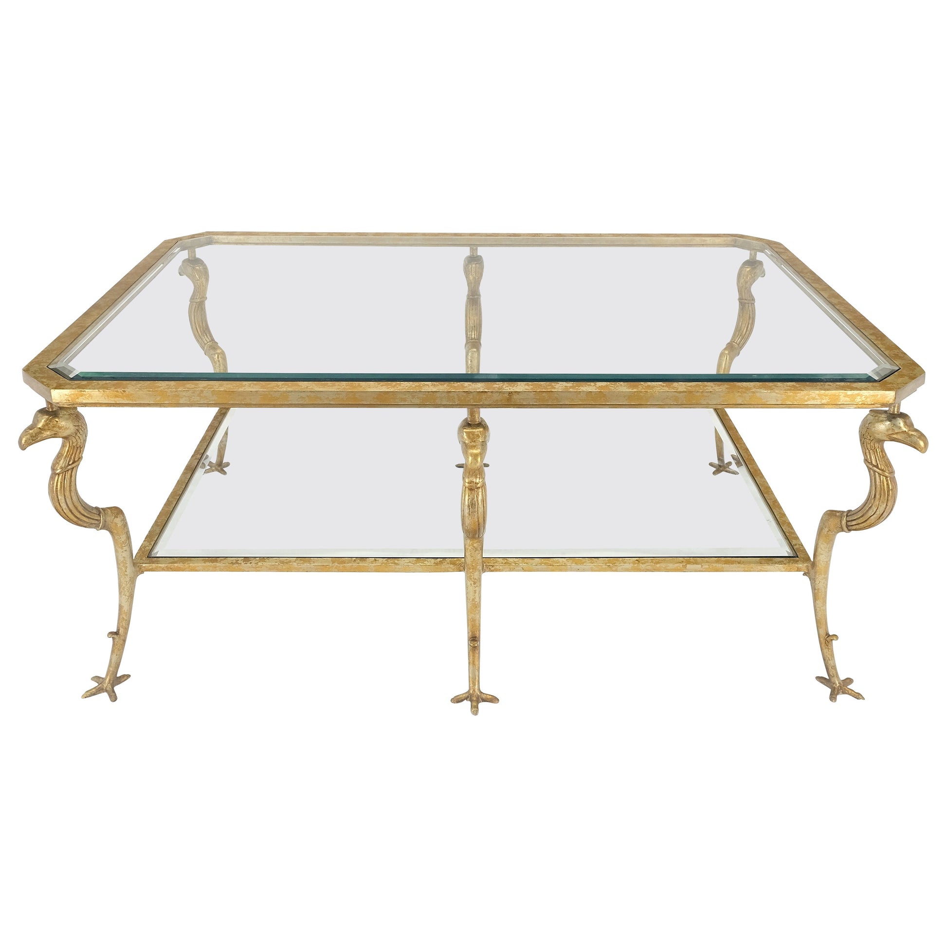 EstablishedLines Silver Gilt Metal Glass Top Two Tier Eagle & Claw Motive Rectangle Coffee Table