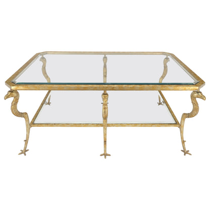 EstablishedLines Silver Gilt Metal Glass Top Two Tier Eagle & Claw Motive Rectangle Coffee Table