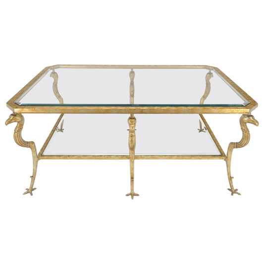 EstablishedLines Silver Gilt Metal Glass Top Two Tier Eagle & Claw Motive Rectangle Coffee Table