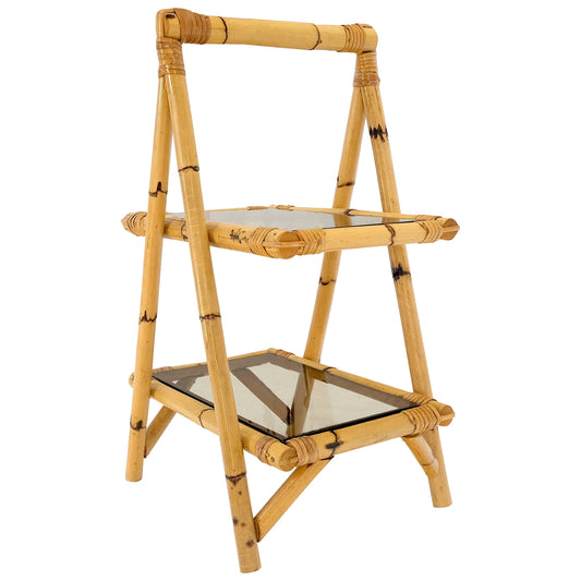 EstablishedLines Smoked Glass Two Tier Burnt Bamboo Top Handle Occasional Side Table Stand MINT!