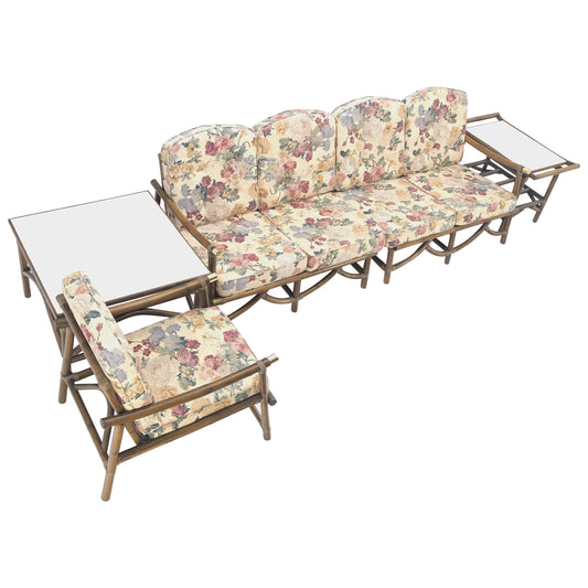 EstablishedLines Vogue Rattan Bamboo c1970s Sofa Matching Chair Pair of End Tables 5 Pcs Set Mint
