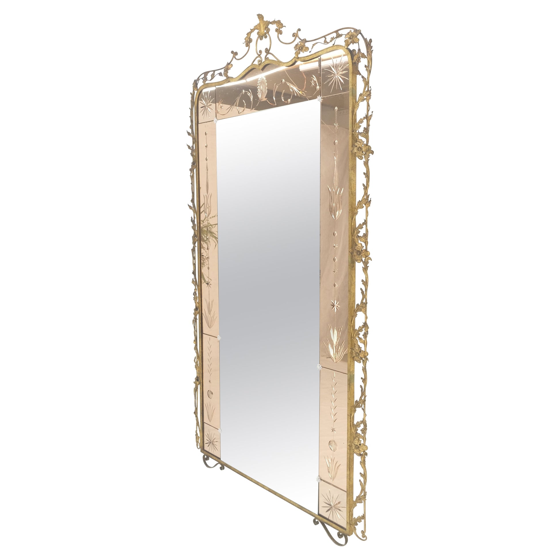 EstablishedLines Large Standing 9' Tall Forged Gold Gilt Metal Leafs & Flowers Mirror CLEAN!