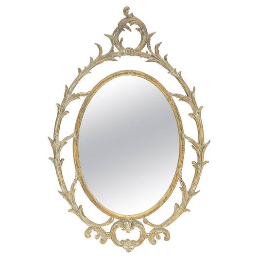 EstablishedLines Gesso Pierced Wood Gold Leaf Frame Oval Round Rococo Wall Mirror c1920s MINT!