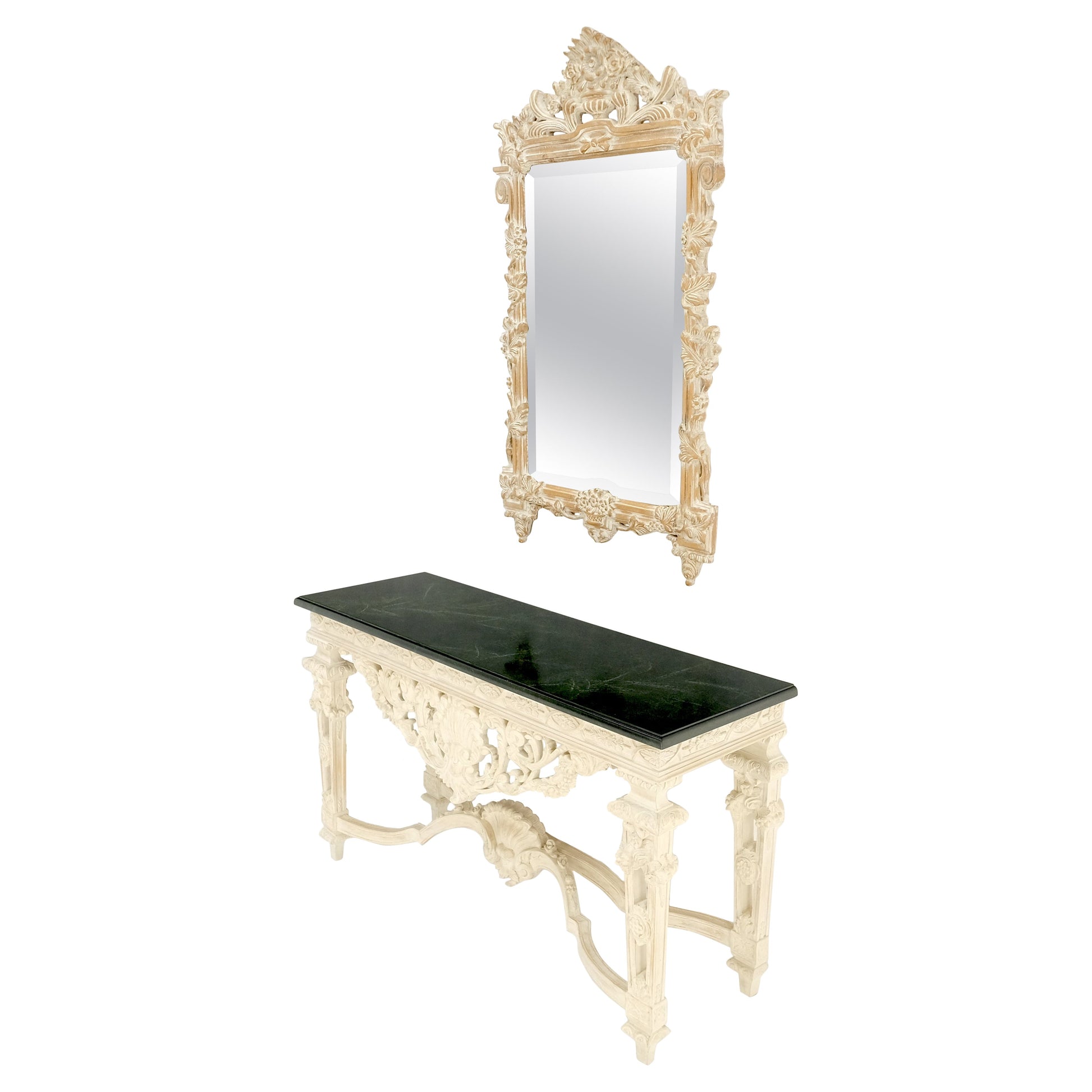 EstablishedLines Maitland Smith Carved White Wash Finish Wall Mirror Matching Console Table MINT!