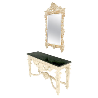 EstablishedLines Maitland Smith Carved White Wash Finish Wall Mirror Matching Console Table MINT!