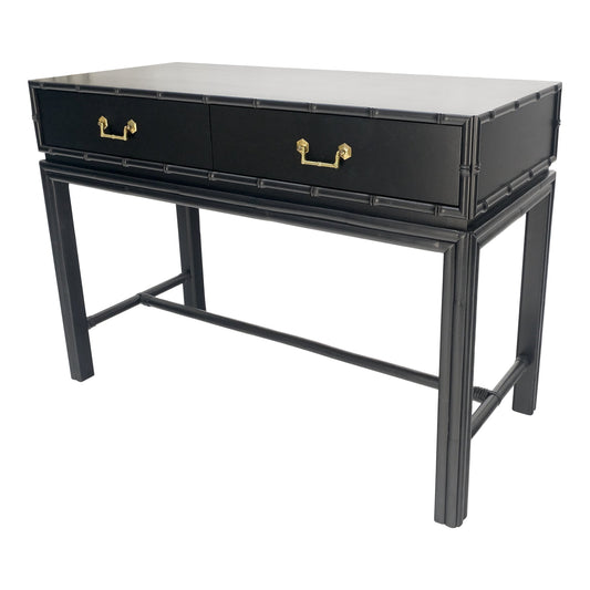 EstablishedLines Ficks Reed Black Lacquer Faux Bamboo Solid Brass Pulls Two Drawer Console Desk