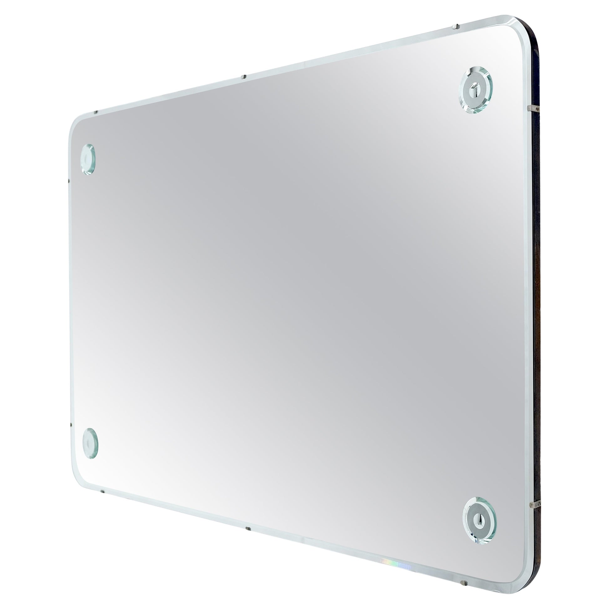 EstablishedLines Swedish 1950's Beveled Rectangle Rounded Corners Decorative Rosettes Wall Mirror