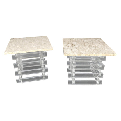 EstablishedLines Pair Stacked Lucite Square Marble Travertine Tops End Side Occasional Tables