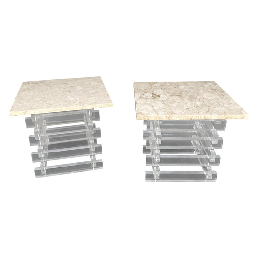 EstablishedLines Pair Stacked Lucite Square Marble Travertine Tops End Side Occasional Tables