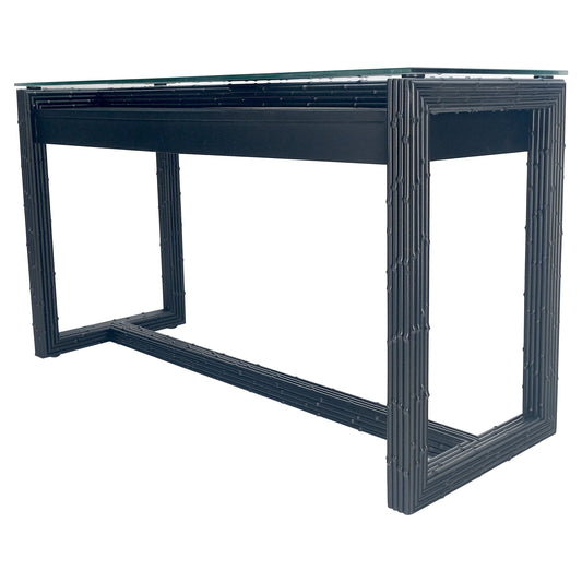Ebonized Faux Bamboo Reed Two Door Glass Top Console Sofa Table MINT!
