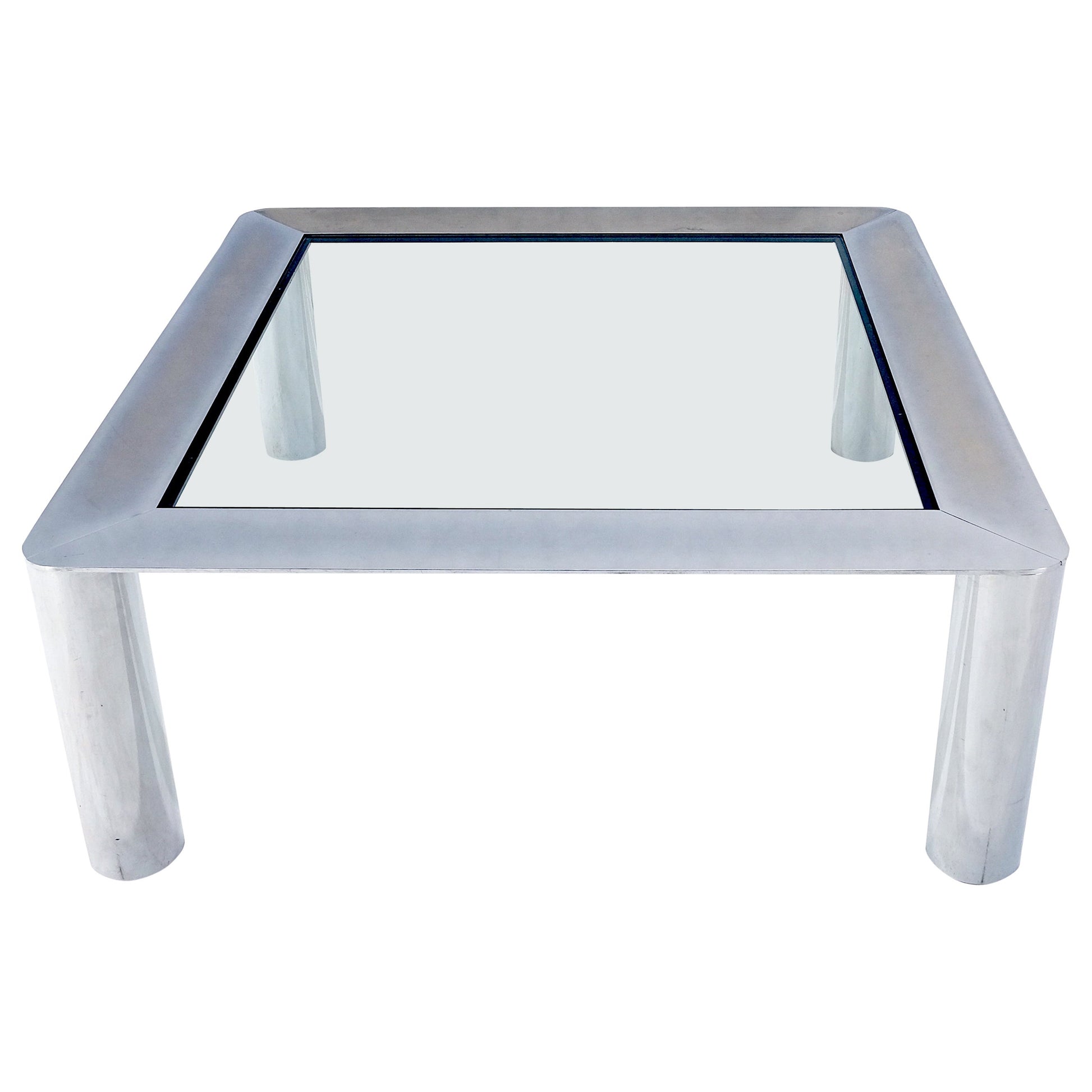 EstablishedLines Bauhaus Polished Stainless Steel Chrome 36" Square Glass Top Coffee Table  MINT!
