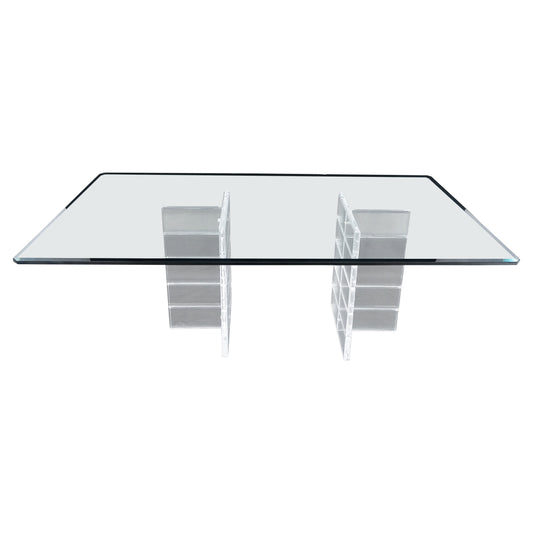 Thick Polished Lucite Double Base 3/4" Thick Rectangle Glass Top Dining Table