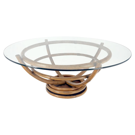 EstablishedLines Bentwood Bamboo Reed Style Base 48" Diameter Round Glass Top Coffee Table MINT!