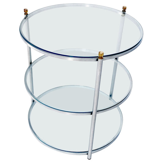 EstablishedLines Round 22' Diameter 3 Tier Glass Shelves Chrome Brass Finials Side End Table MINT