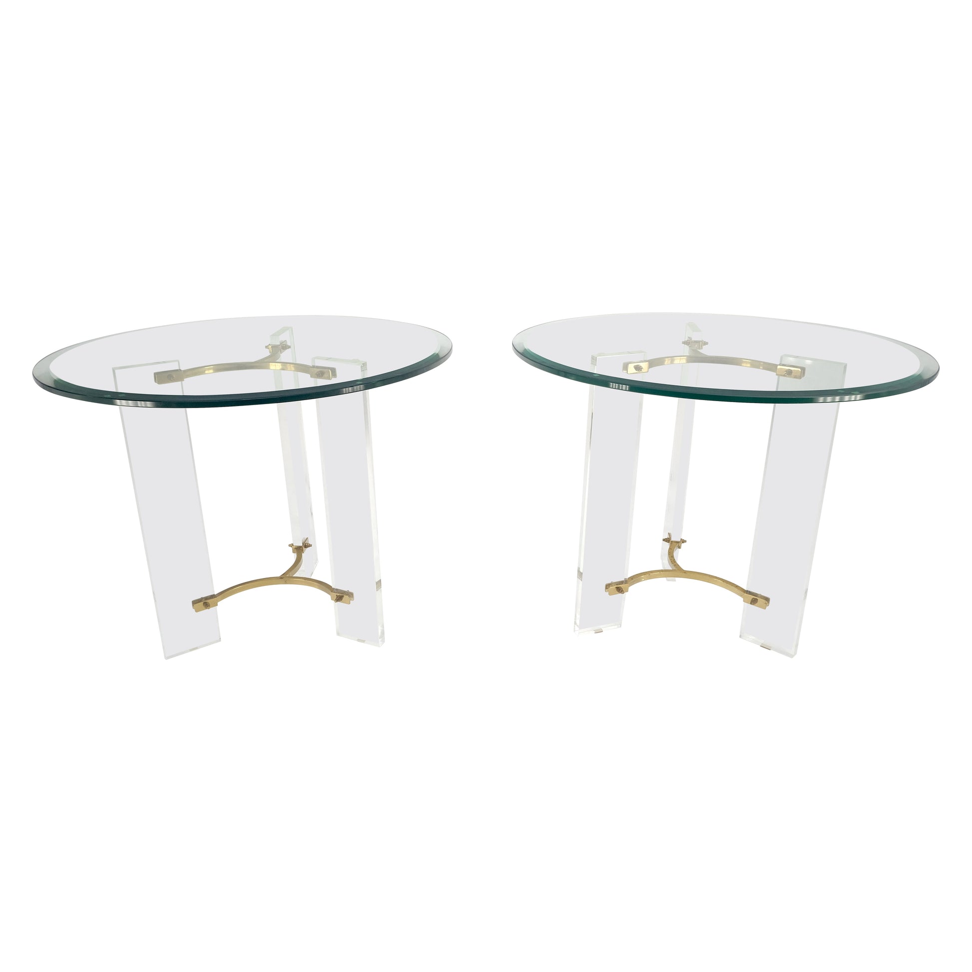 EstablishedLines Pair of Glass Top Lucite & Brass Bases End Side Occasional Tables Stands MINT!