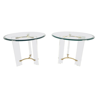 EstablishedLines Pair of Glass Top Lucite & Brass Bases End Side Occasional Tables Stands MINT!
