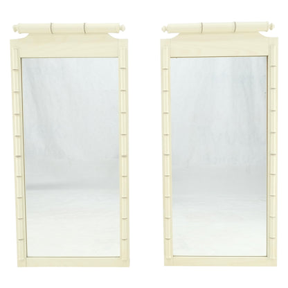EstablishedLines Pair of White Lacquer Mid Century Modern Rectangle Faux Bamboo Wall Mirrors MINT