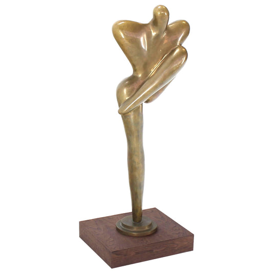 43"H Large Mid Century Modern Nude Bronze Abstract Dancer Sculpture Walnut Base