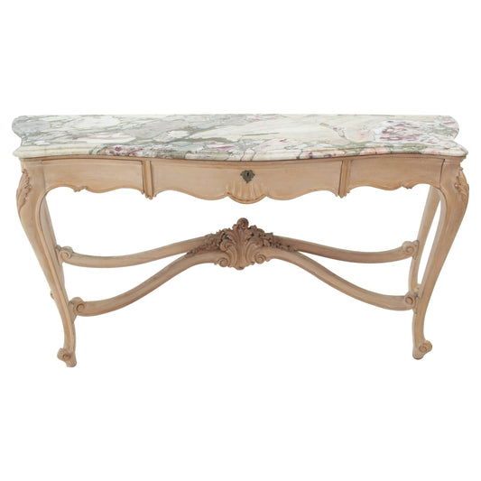 Tall Bleached White Wash Painted Walnut Marble-Top French Sideboard Console