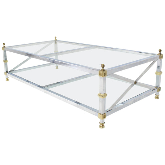 Chrome Brass Glass Two-Tier Coffee Table with X-Stretchers