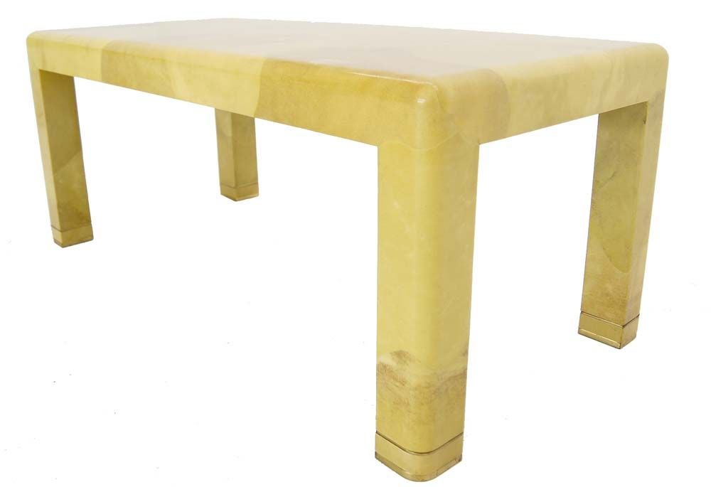 EstablishedLines Mid-Century Modern Lacquered Goat Skin Parchment Coffee Table Brass Feet MINT